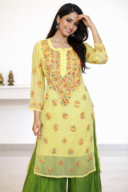 Lucknow Fashion Diary Hand Embroidered Lucknowi Chikankari Women's Yellow Georgette Kurti