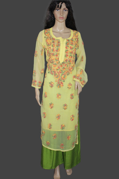 Light green embroidered kurta with green pants on a mannequin against a gray background