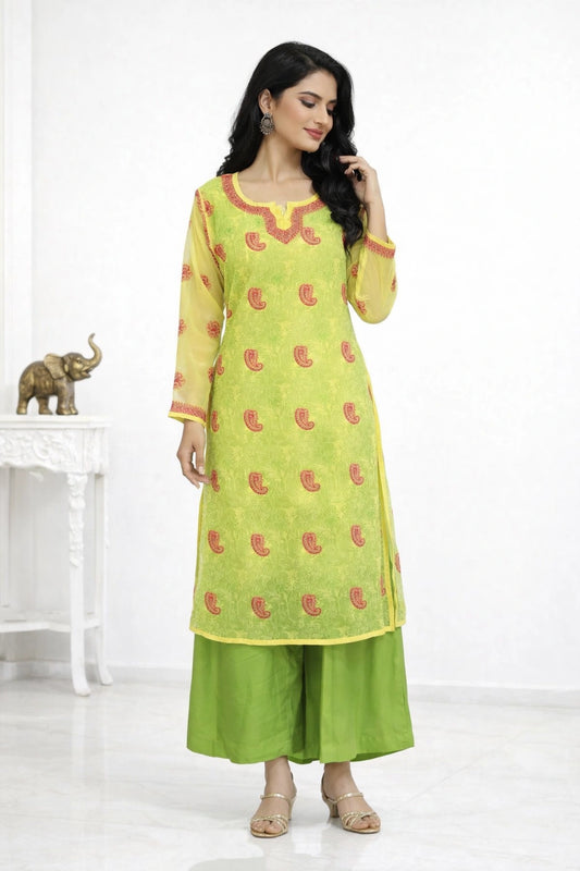 Lucknow Fashion Diary Hand Embroidered Lucknowi Chikankari Women's Yellow Georgette Kurti 