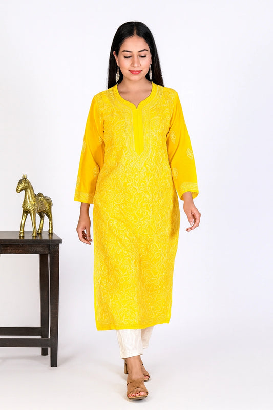 Lucknow Fashion Diary Hand Embroidered Lucknowi Chikankari Women's Yellow Georgette Kurti