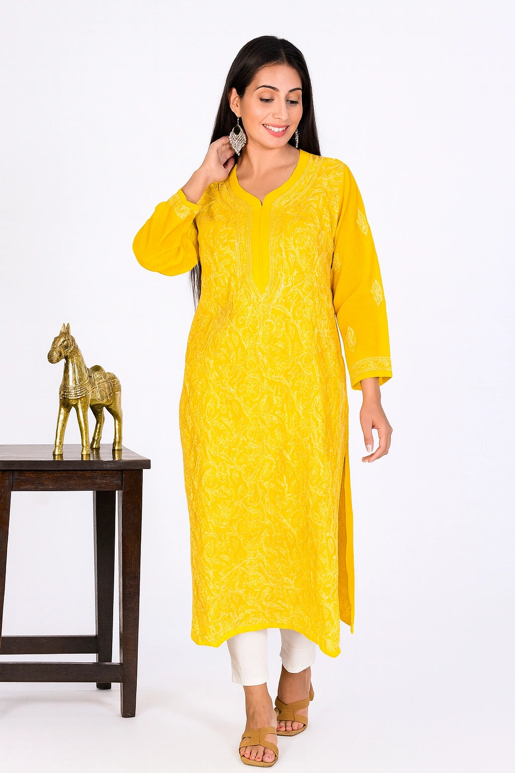 Lucknow Fashion Diary Hand Embroidered Lucknowi Chikankari Women's Yellow Georgette Kurti