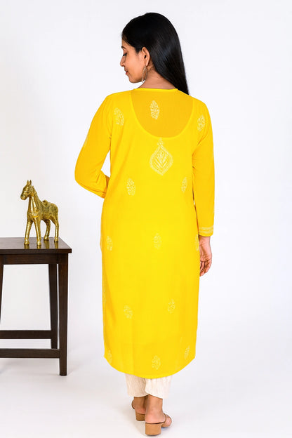 Lucknow Fashion Diary Hand Embroidered Lucknowi Chikankari Women's Yellow Georgette Kurti