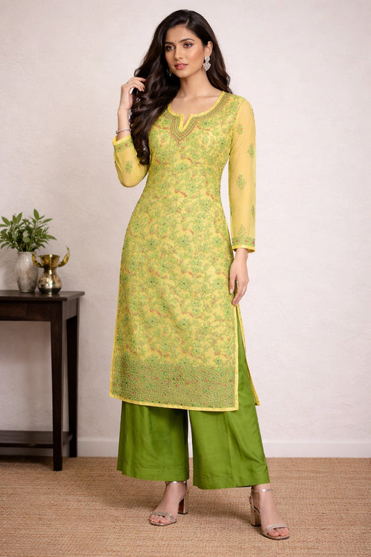 Lucknow Fashion Diary Hand Embroidered Lucknowi Chikankari Women's Yellow Georgette Kurti