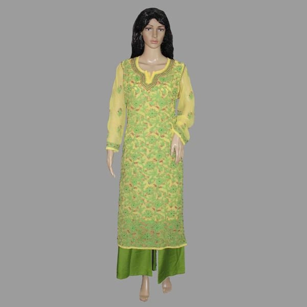 Green embroidered chikankari kurti on a mannequin against a gray background