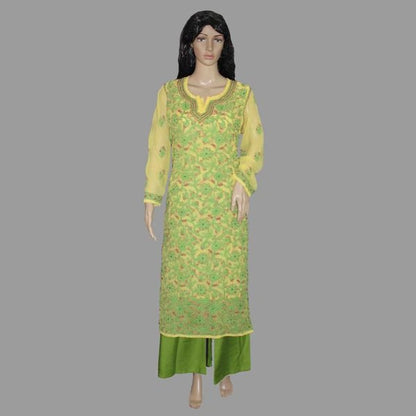 Green embroidered chikankari kurti on a mannequin against a gray background