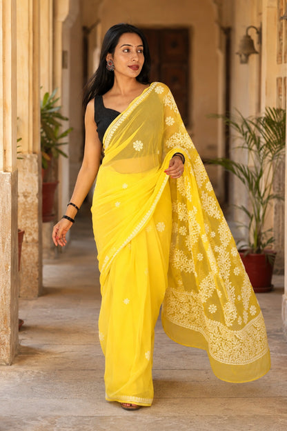 Lucknow Fashion Diary Hand Embroidered Lucknowi Chikankari Women's Yellow Georgette Saree With Blouse