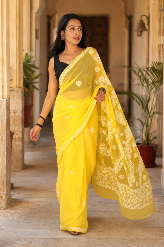 Lucknow Fashion Diary Hand Embroidered Lucknowi Chikankari Women's Yellow Georgette Saree With Blouse