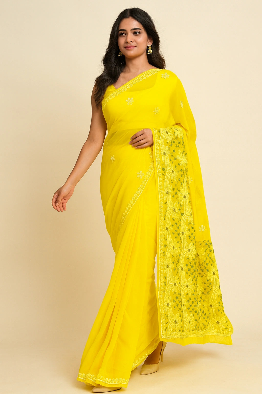 Lucknow Fashion Diary Hand Embroidered Lucknowi Chikankari Women's Yellow Georgette Saree With Blouse
