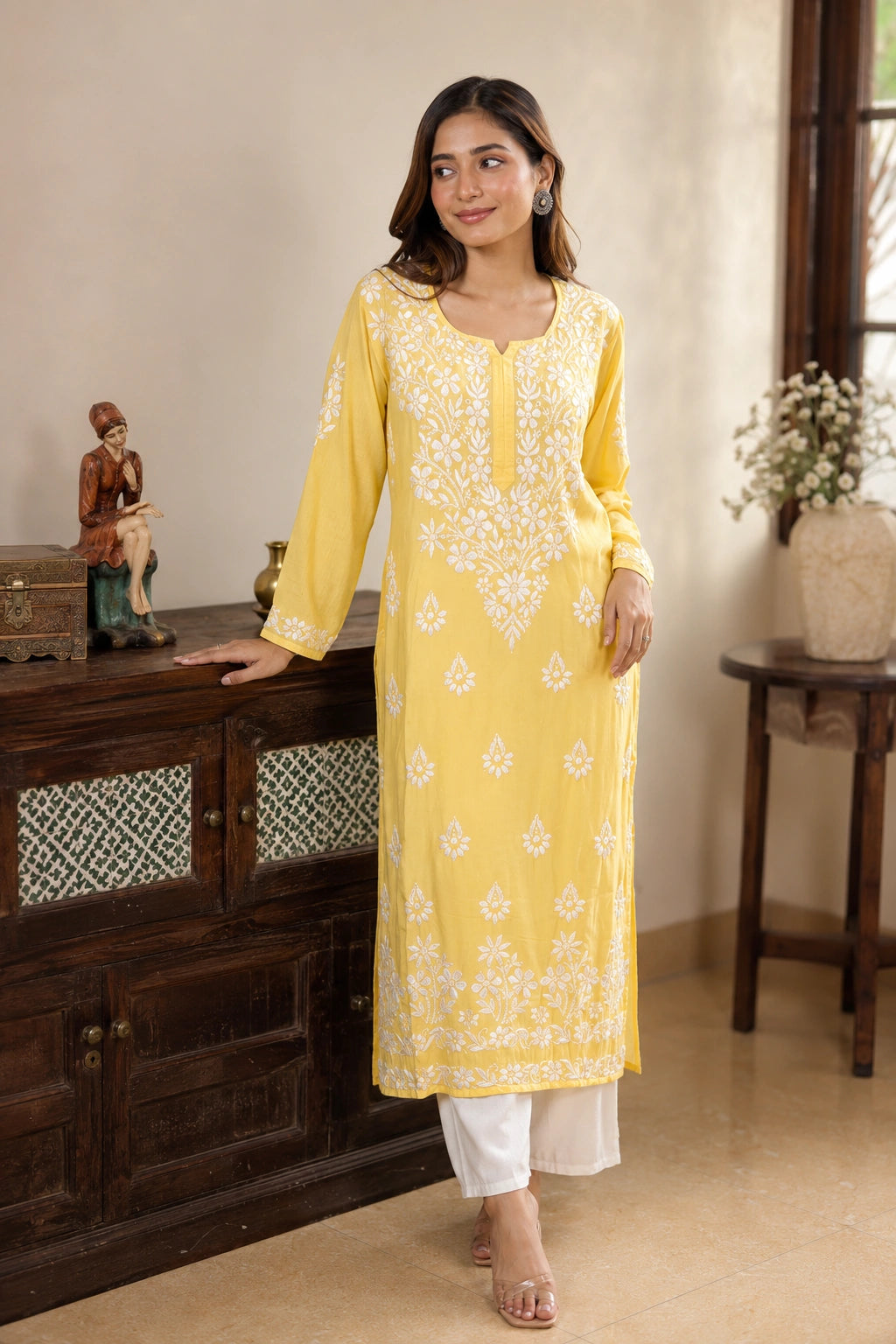 Lucknow Fashion Diary Hand Embroidered Lucknowi Chikankari Women's Yellow Modal Kurti