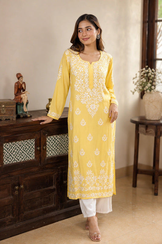 Lucknow Fashion Diary Hand Embroidered Lucknowi Chikankari Women's Yellow Modal Kurti