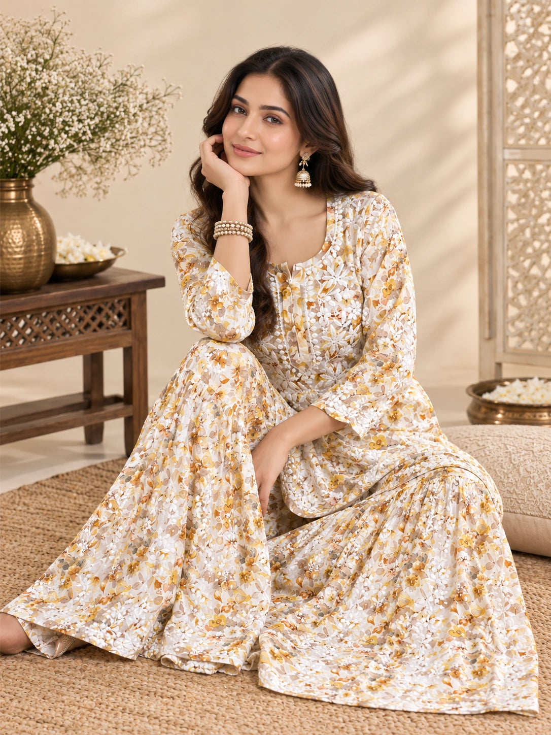 Lucknow Fashion Diary Hand Embroidered Lucknowi Chikankari Women's Yellow Cotton printed Kurta Bottom