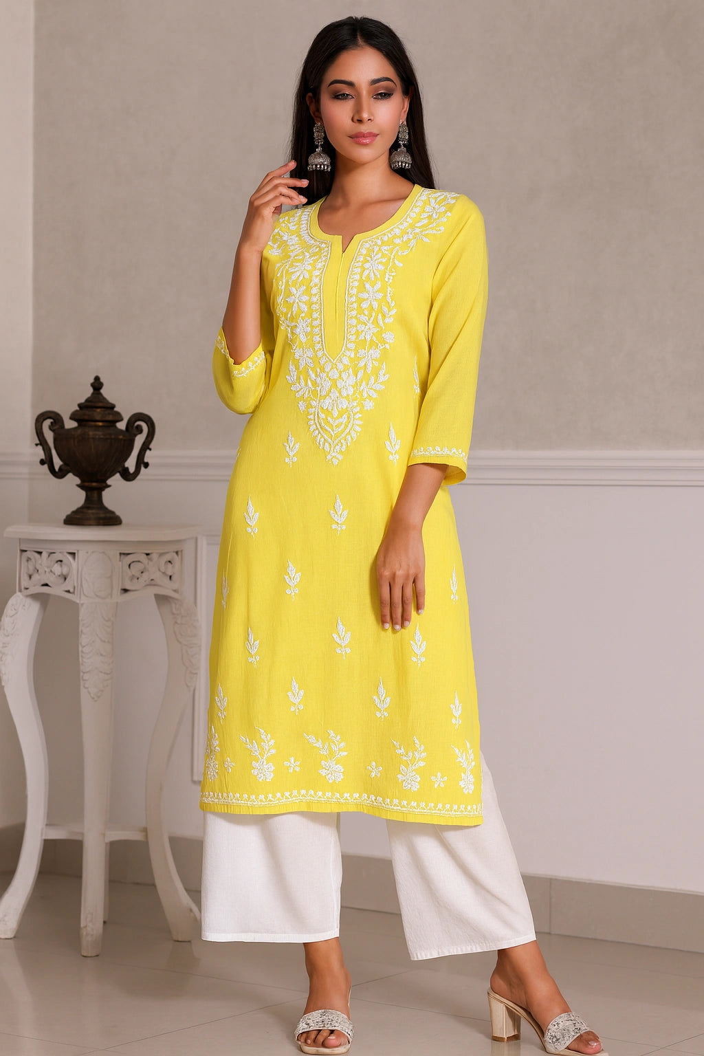 Lucknow Fashion Diary Hand Embroidered Lucknowi Chikankari Women's Yellow Rayon Kurti