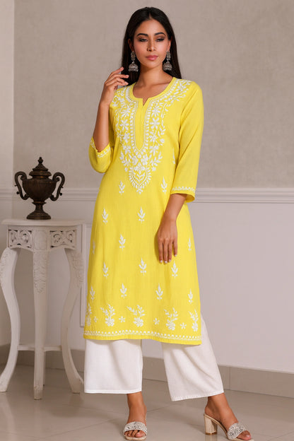 Lucknow Fashion Diary Hand Embroidered Lucknowi Chikankari Women's Yellow Rayon Kurti