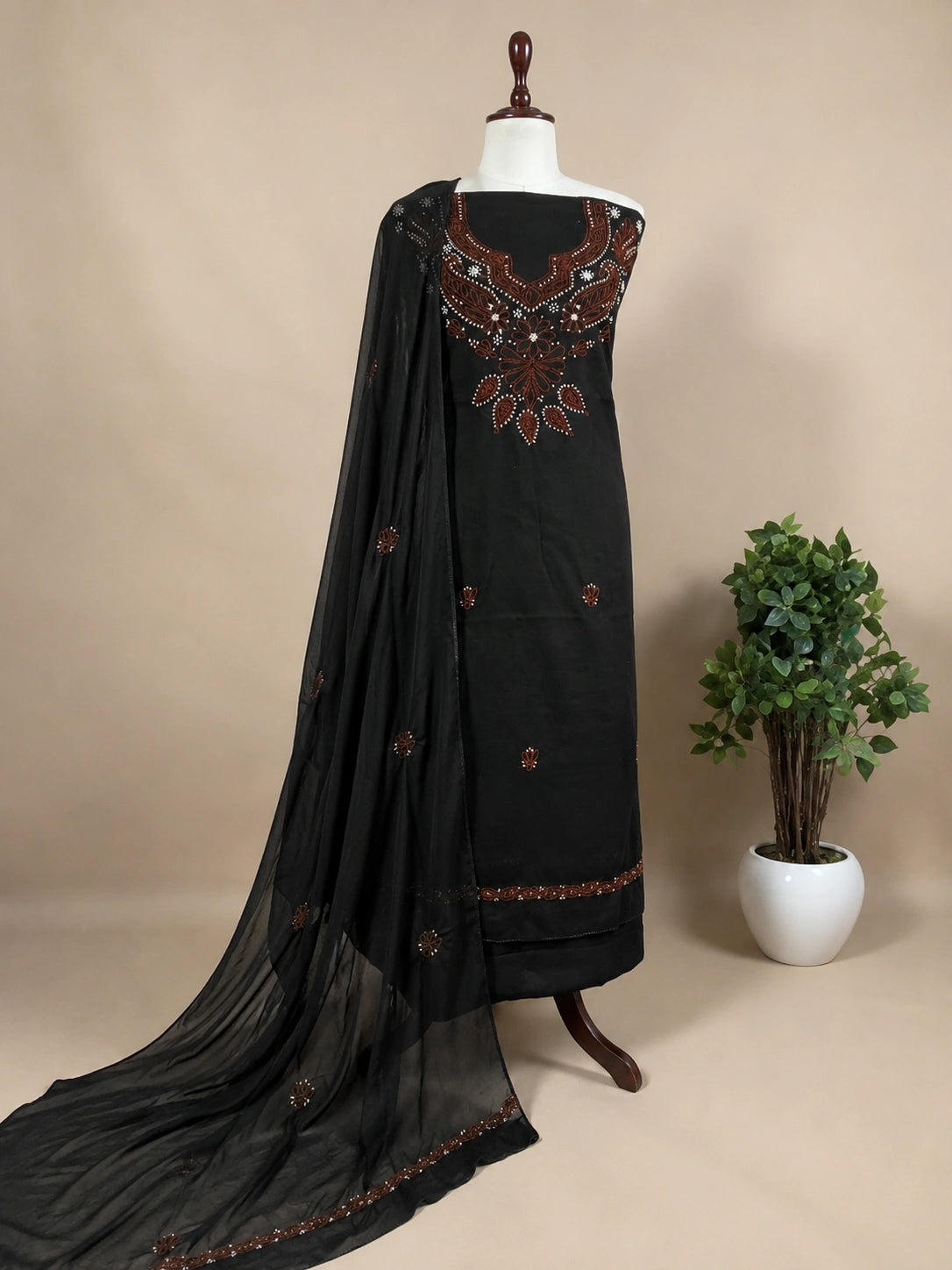 Lucknow Fashion Diary Hand Embroidered Lucknowi Chikankari Women's Unstitched Black Cotton Kurta
 Dupatta Bottom Fabric 