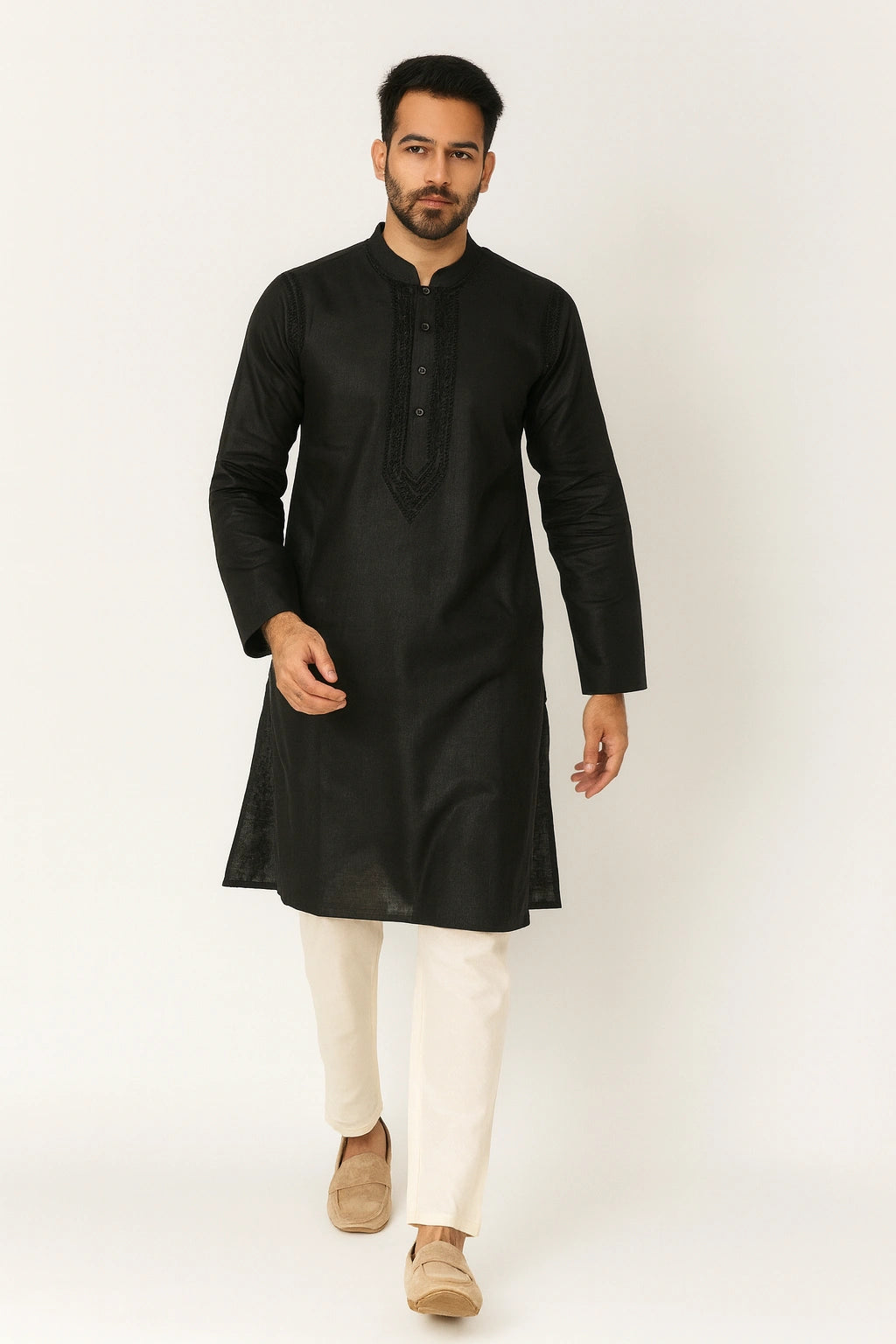 Lucknow Fashion Diary Hand Embroidered Lucknowi Chikankari Men's Black Cotton Kurta