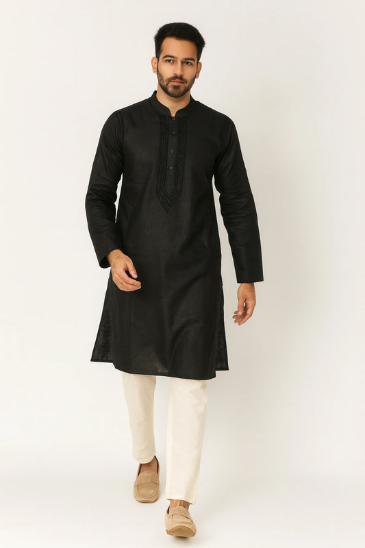 Lucknow Fashion Diary Hand Embroidered Lucknowi Chikankari Men's Black Cotton Kurta