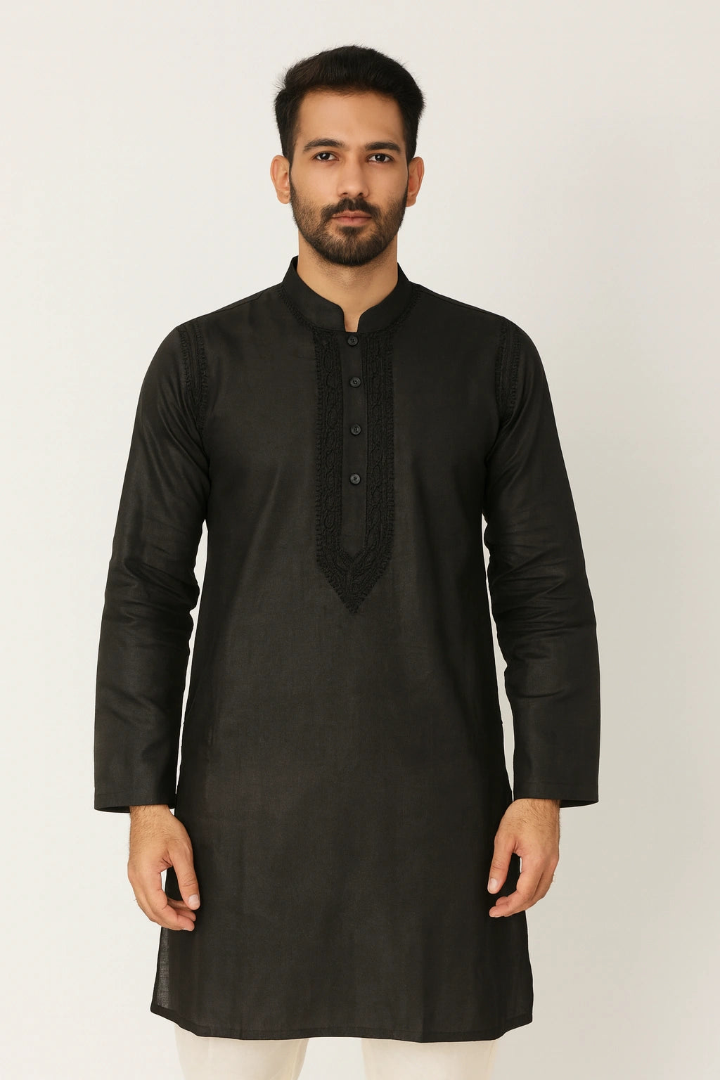 Man wearing a lucknowi chikankari  black kurta against a white background