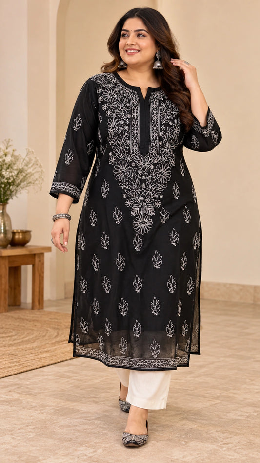 Lucknow Fashion Diary Hand Embroidered Lucknowi Chikankari Women's Plus Size Black Cotton Kurti 