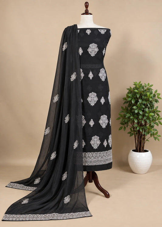 Lucknow Fashion Diary Hand Embroidered Lucknowi Chikankari Women's Unstitched Black Georgette Kurta Dupatta Bottom Fabric 