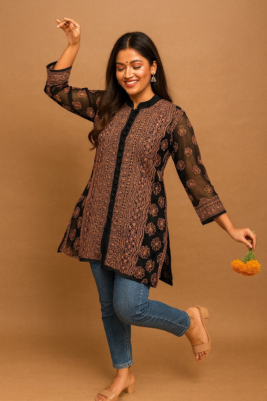 Lucknow Fashion Diary Hand Embroidered Lucknowi Chikankari Women's Black georgette Short Kurti 