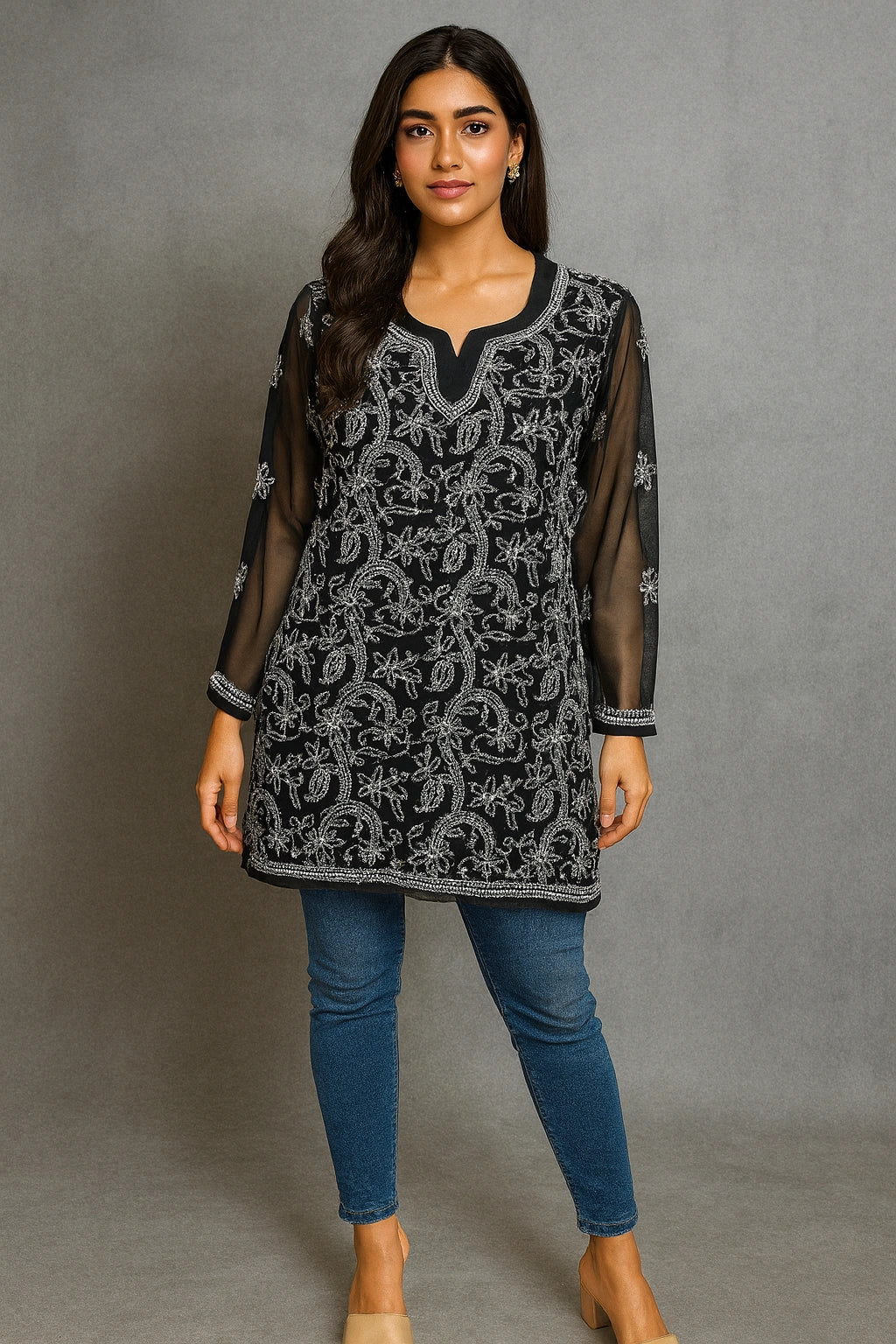 Lucknow Fashion Diary Hand Embroidered Lucknowi Chikankari Women's Black georgette Short Kurti 