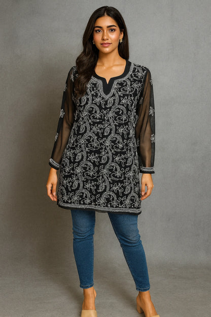 Lucknow Fashion Diary Hand Embroidered Lucknowi Chikankari Women's Black georgette Short Kurti 