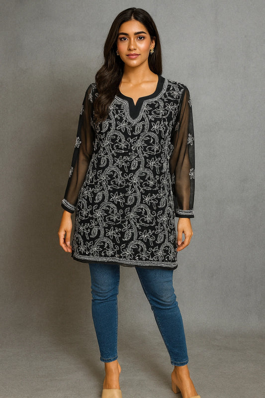 Lucknow Fashion Diary Hand Embroidered Lucknowi Chikankari Women's Black georgette Short Kurti 