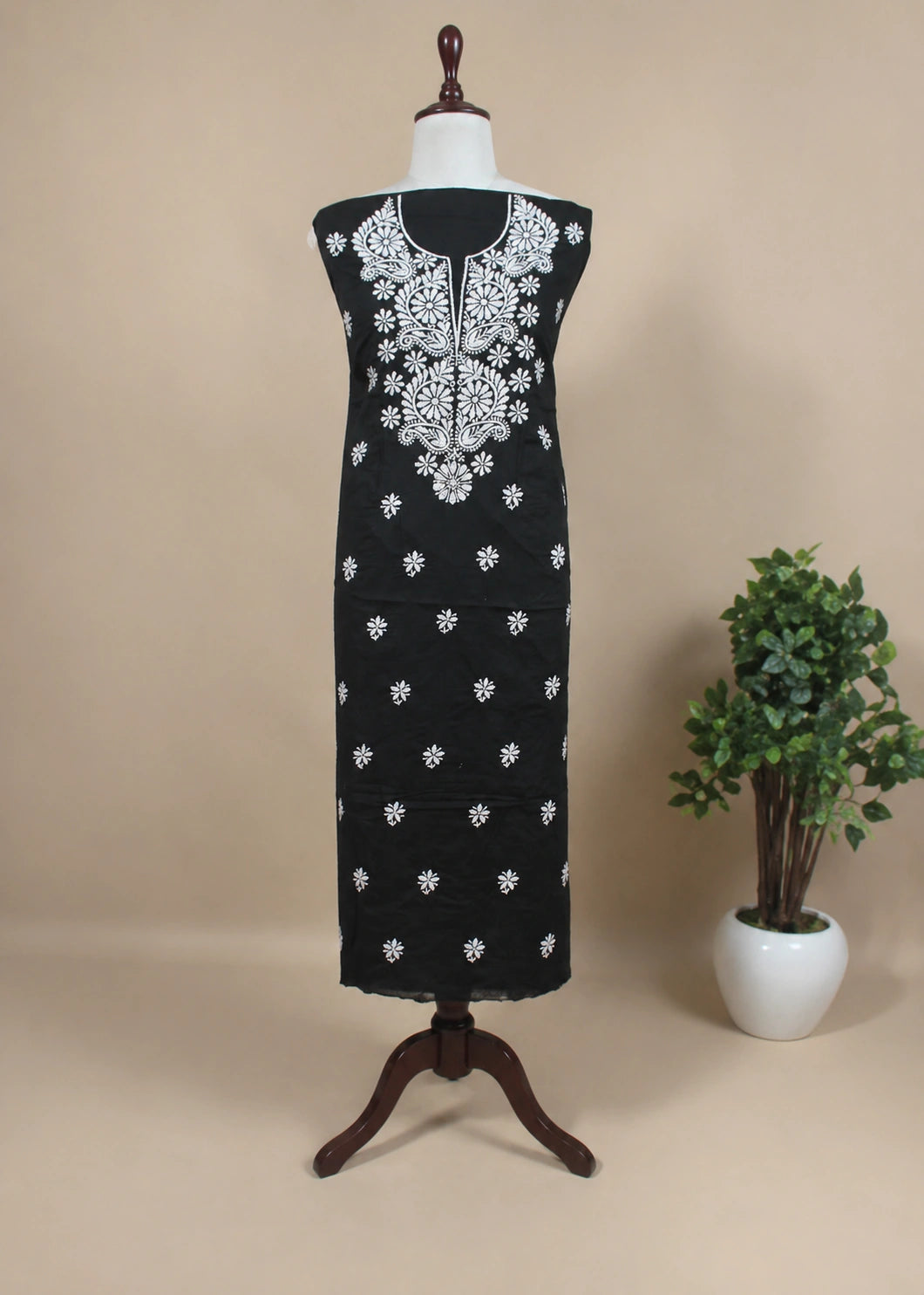 Lucknow Fashion Diary Hand Embroidered Lucknowi Chikankari Women's Unstitched Black Cotton Kurta Bottom Fabric 