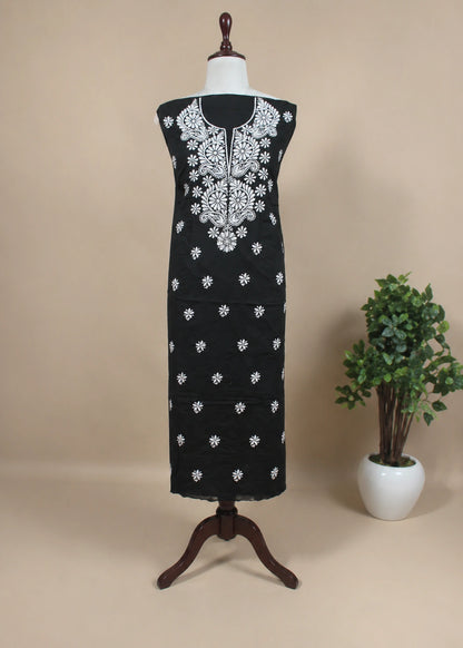 Lucknow Fashion Diary Hand Embroidered Lucknowi Chikankari Women's Unstitched Black Cotton Kurta Bottom Fabric 