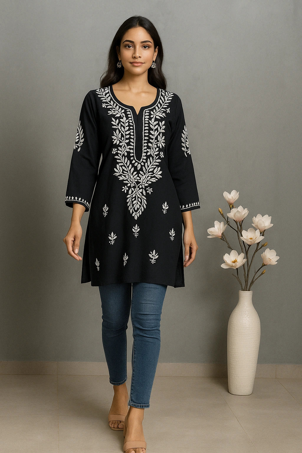 Lucknow Fashion Diary Hand Embroidered Lucknowi Chikankari Women's Black Rayon Short Kurti 