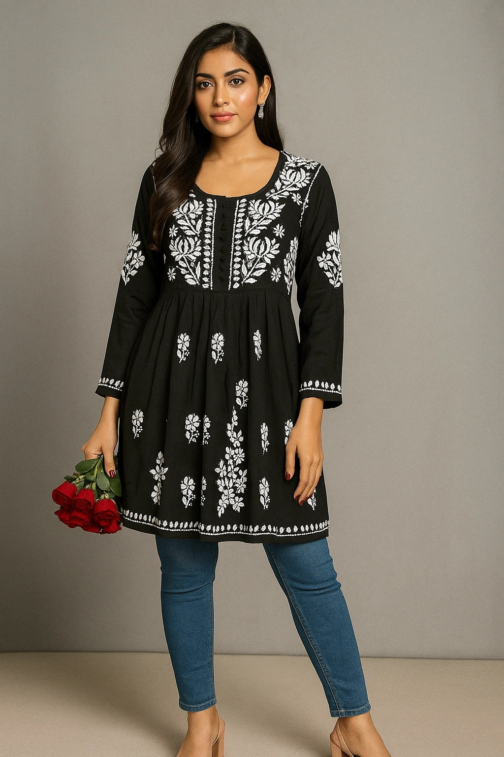 Lucknow Fashion Diary Hand Embroidered Lucknowi Chikankari Women's Black Modal Short Kurti 