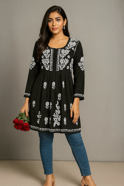 Lucknow Fashion Diary Hand Embroidered Lucknowi Chikankari Women's Black Modal Short Kurti 