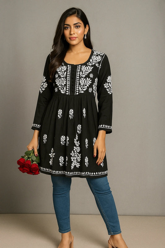 Lucknow Fashion Diary Hand Embroidered Lucknowi Chikankari Women's Black Modal Short Kurti 