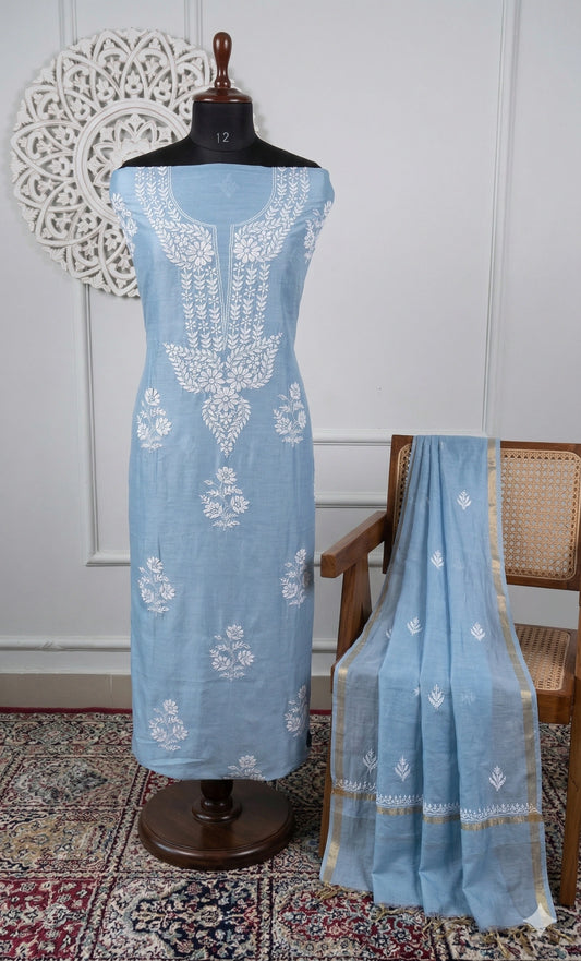 Lucknow Fashion Diary Hand Embroidered Lucknowi Chikankari Women's Unstitched Blue Chanderi Kurta Dupatta Fabric 