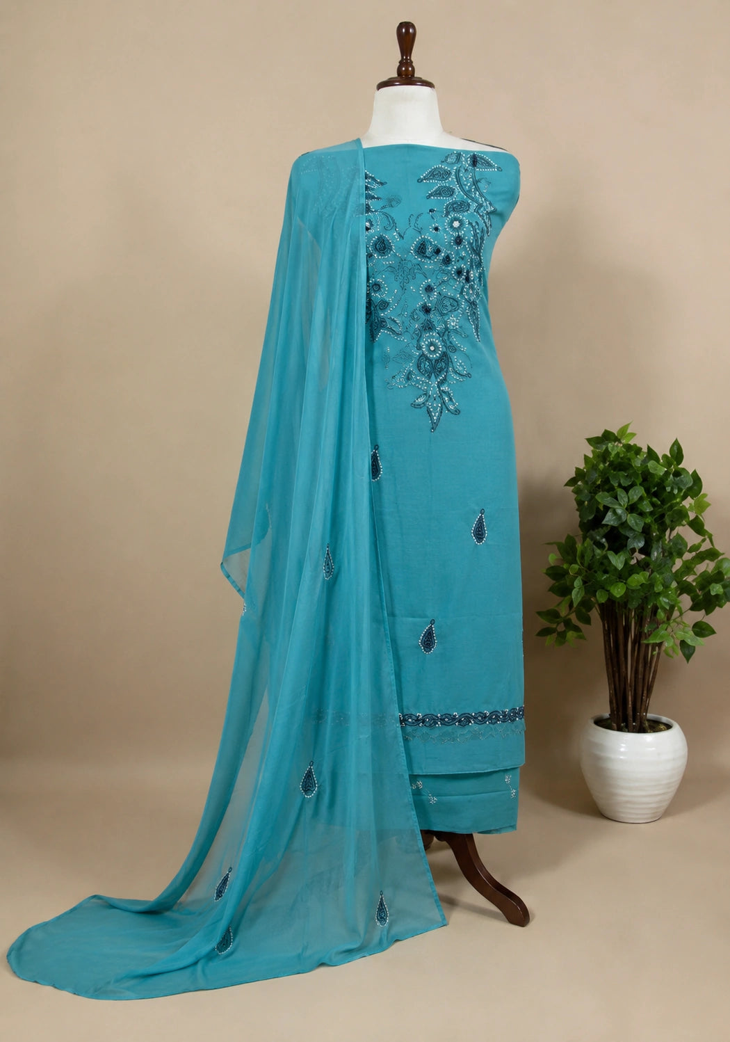 Lucknow Fashion Diary Hand Embroidered Lucknowi Chikankari Women's Unstitched Blue Cotton Kurta
 Dupatta Bottom Fabric 