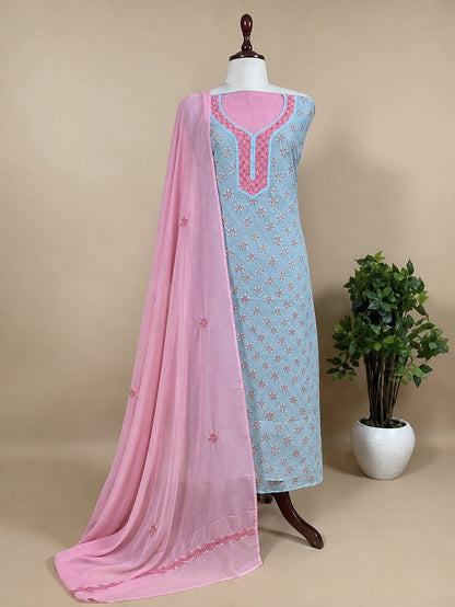 Lucknow Fashion Diary Hand Embroidered Lucknowi Chikankari Women's Unstitched Blue Cotton Kurta
 Dupatta Bottom Fabric 