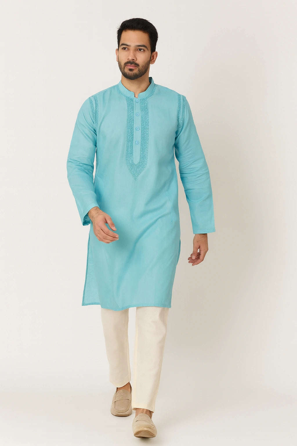 Lucknow Fashion Diary Hand Embroidered Lucknowi Chikankari Men's Blue Cotton Kurta