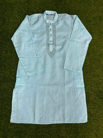 lucknowi chikankari Light blue kurta with intricate embroidery on a green background