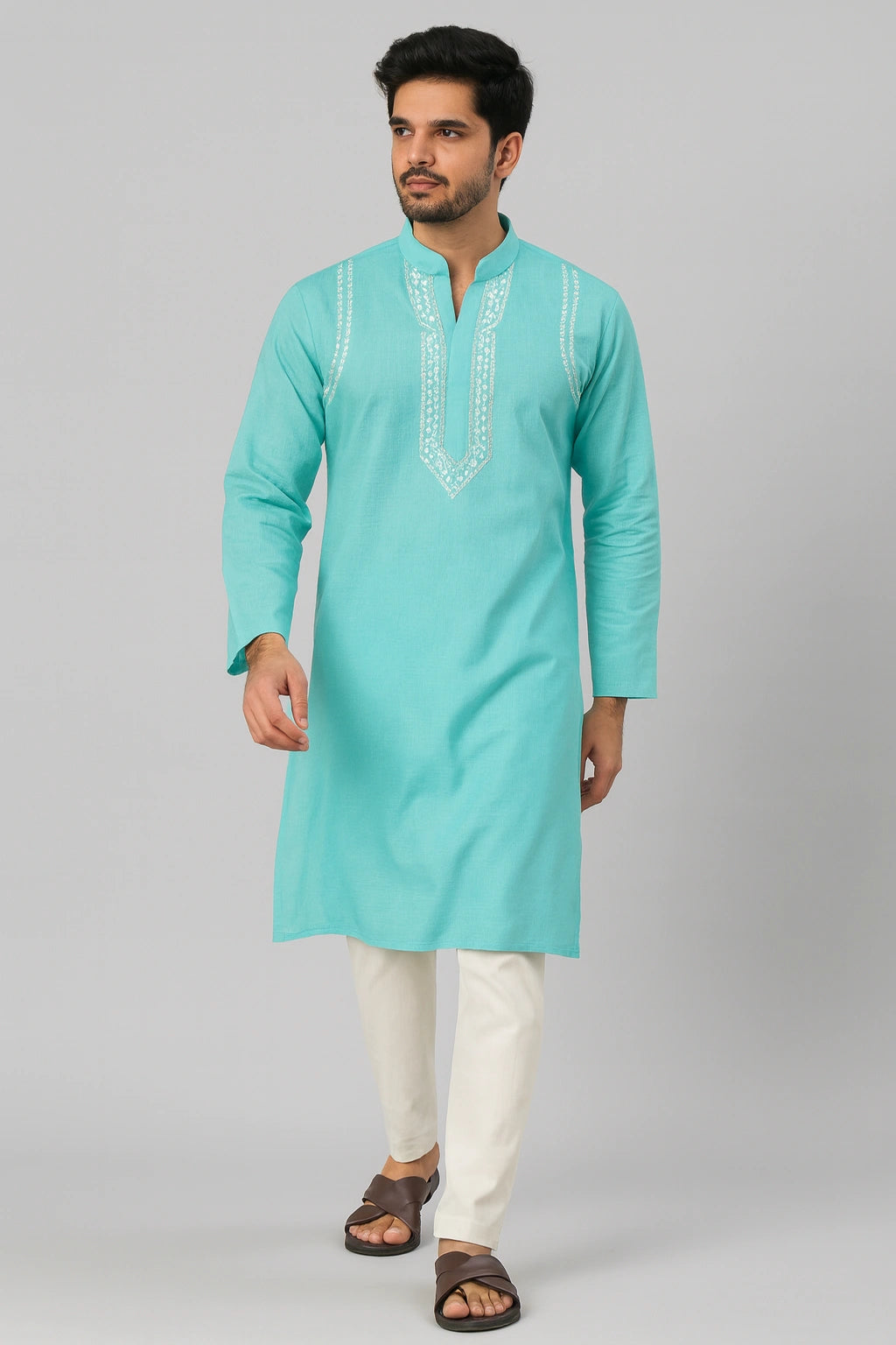 Lucknow Fashion Diary Hand Embroidered Lucknowi Chikankari Men's Blue Cotton Kurta