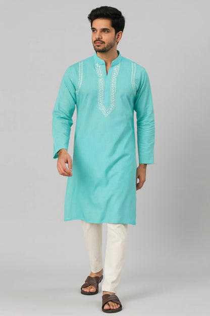 Lucknow Fashion Diary Hand Embroidered Lucknowi Chikankari Men's Blue Cotton Kurta