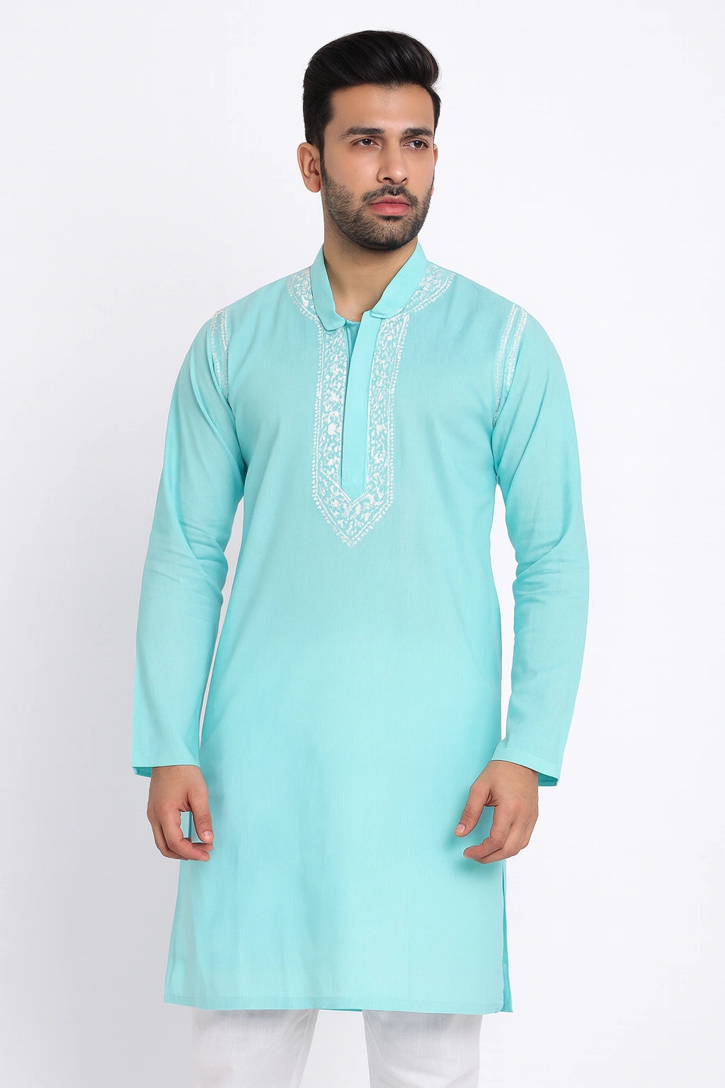 Man wearing a light blue embroidered kurta against a white background