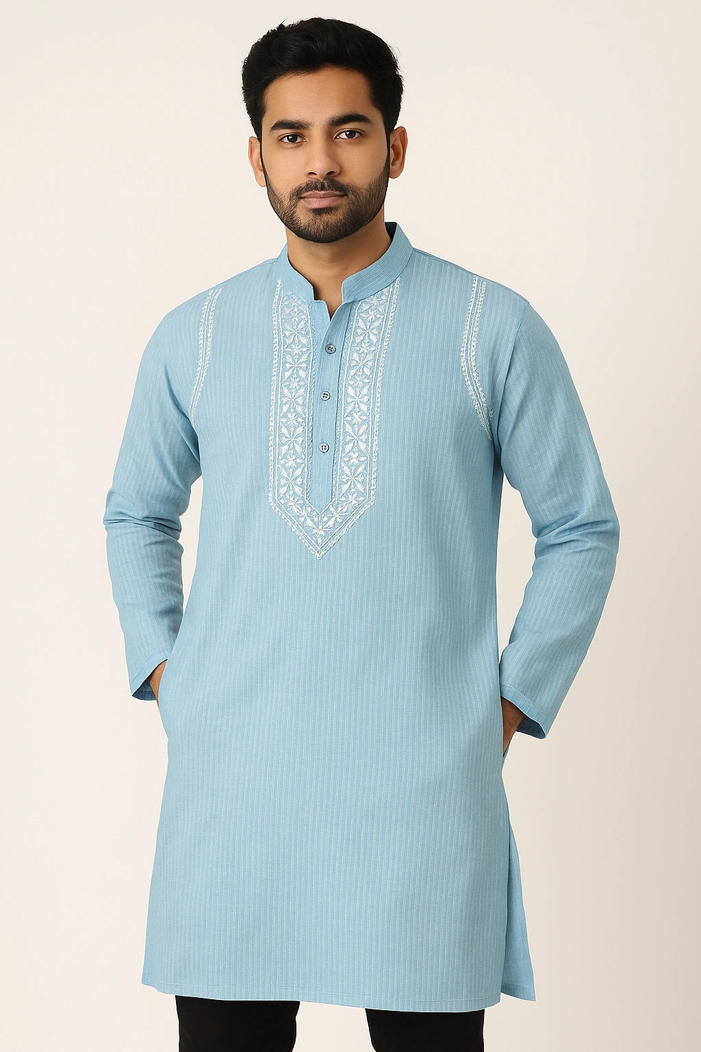 Lucknow Fashion Diary Hand Embroidered Lucknowi Chikankari Men's Blue Cotton Kurta