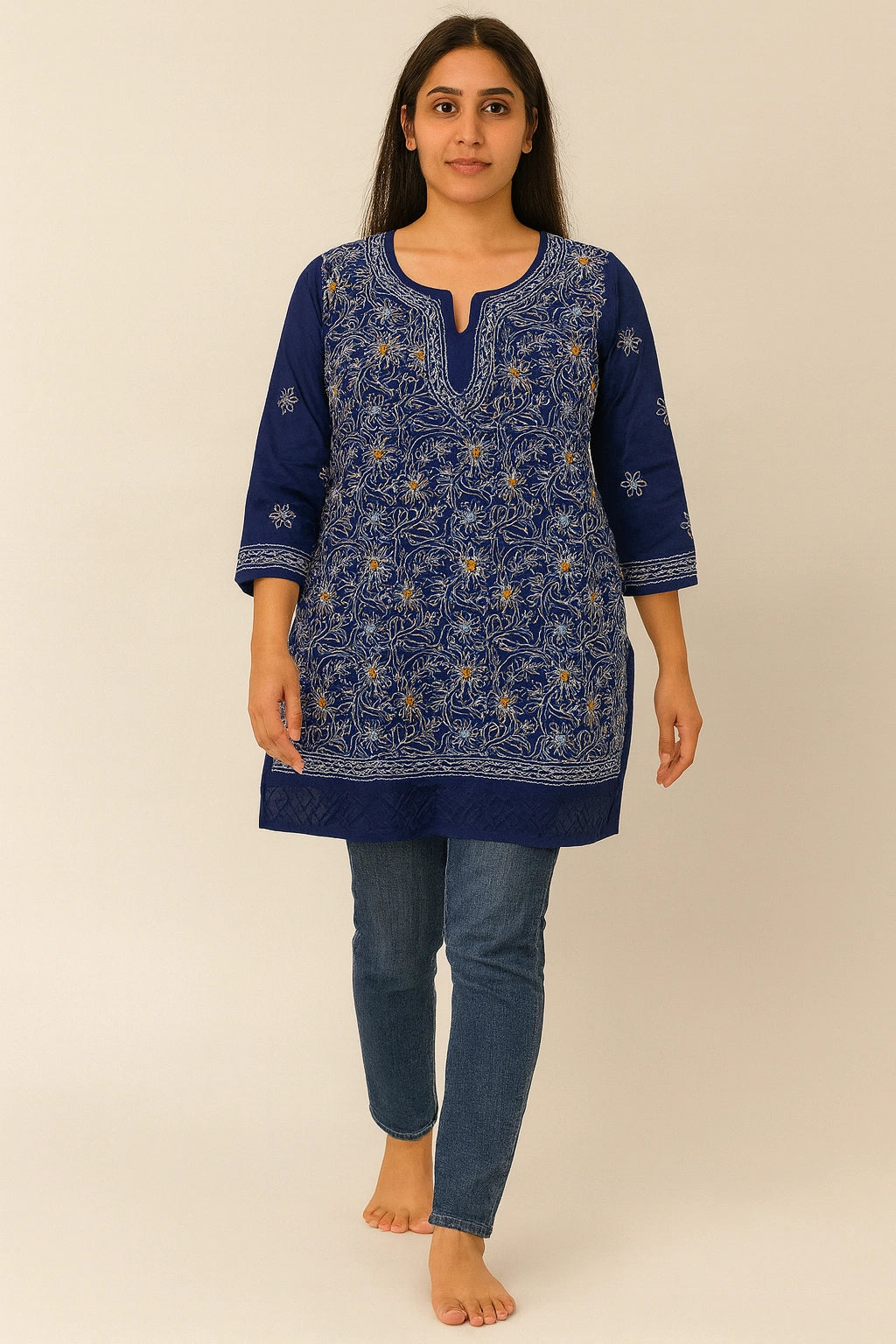 Lucknow Fashion Diary Hand Embroidered Lucknowi Chikankari Women's Blue Cotton Short Kurti 