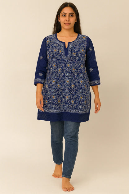 Lucknow Fashion Diary Hand Embroidered Lucknowi Chikankari Women's Blue Cotton Short Kurti 
