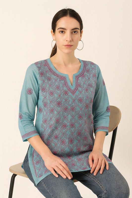 Lucknow Fashion Diary Hand Embroidered Lucknowi Chikankari Women's Blue Cotton Short Kurti 