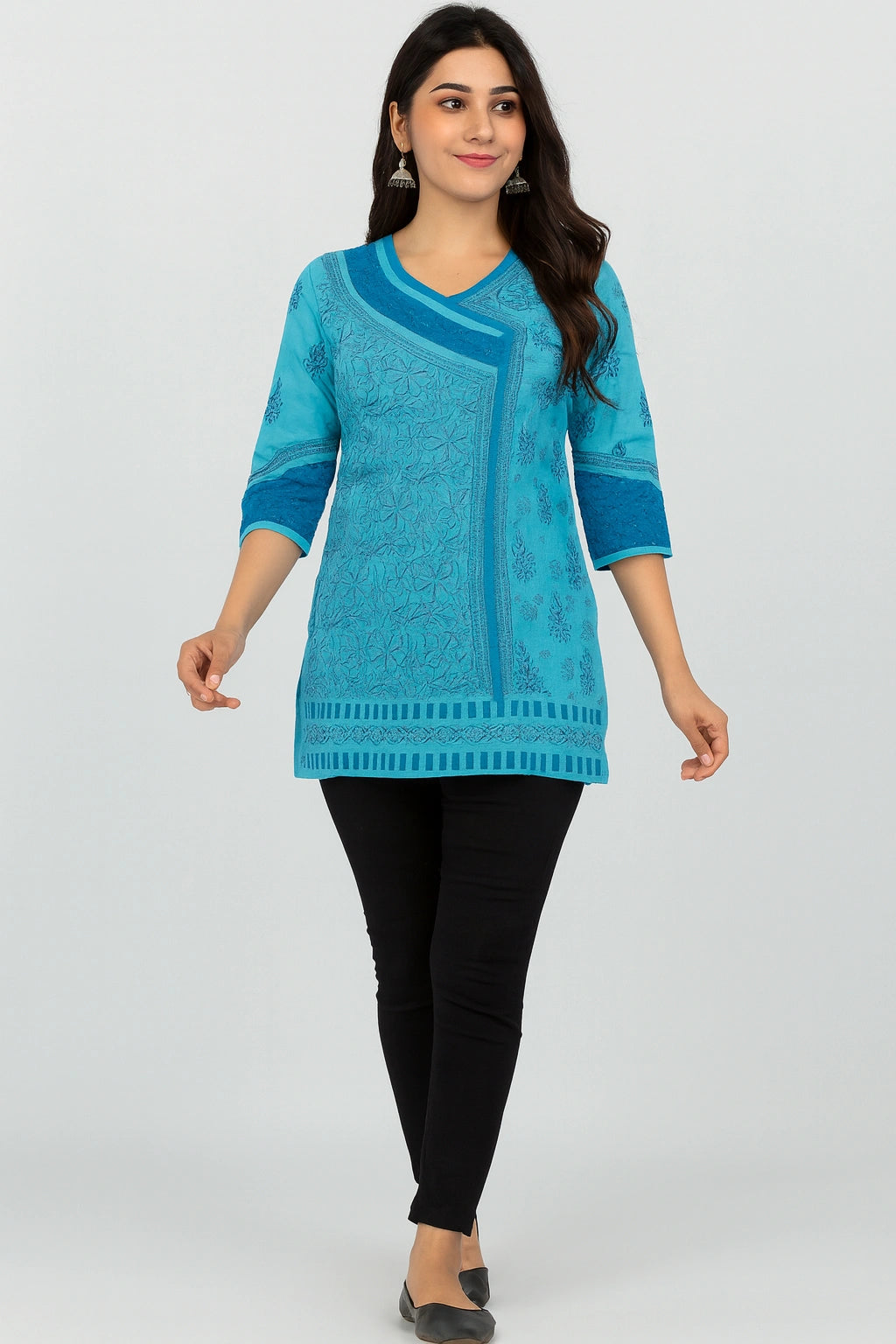 Lucknow Fashion Diary Hand Embroidered Lucknowi Chikankari Women's Blue Cotton Short Kurti 