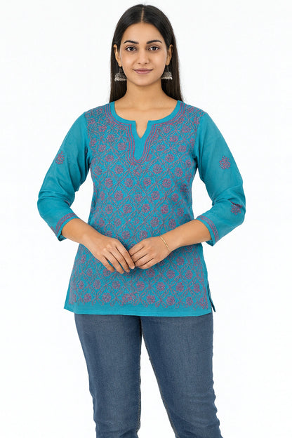 Lucknow Fashion Diary Hand Embroidered Lucknowi Chikankari Women's Blue Cotton Short Kurti 