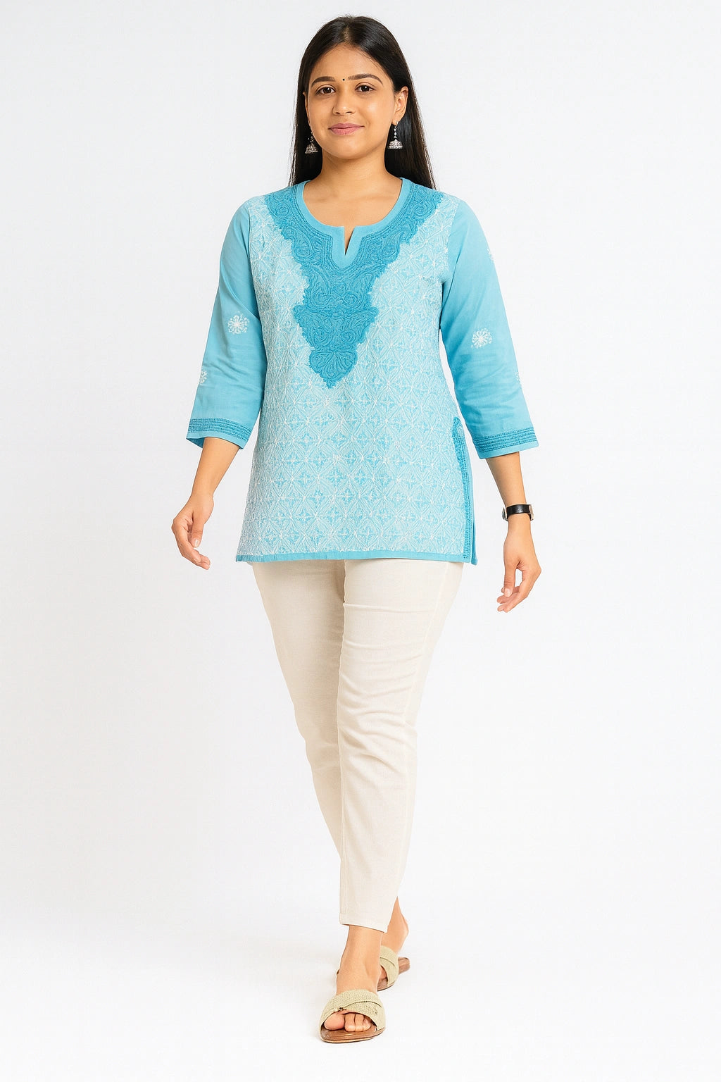 Lucknow Fashion Diary Hand Embroidered Lucknowi Chikankari Women's Blue Cotton Short Kurti 