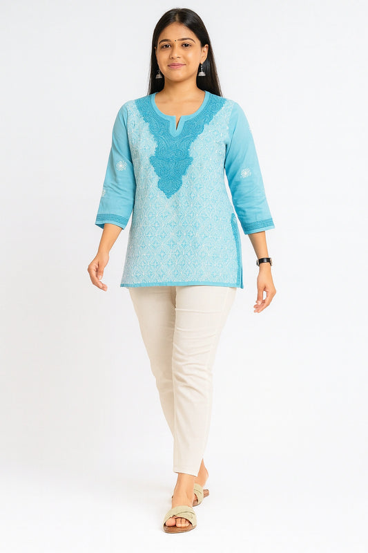 Lucknow Fashion Diary Hand Embroidered Lucknowi Chikankari Women's Blue Cotton Short Kurti 