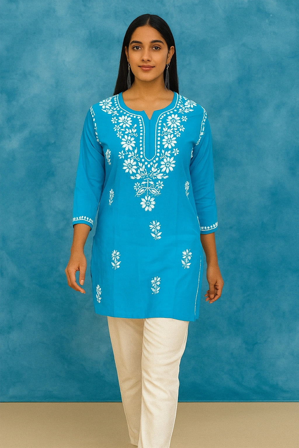 Lucknow Fashion Diary Hand Embroidered Lucknowi Chikankari Women's Blue Cotton Short Kurti 